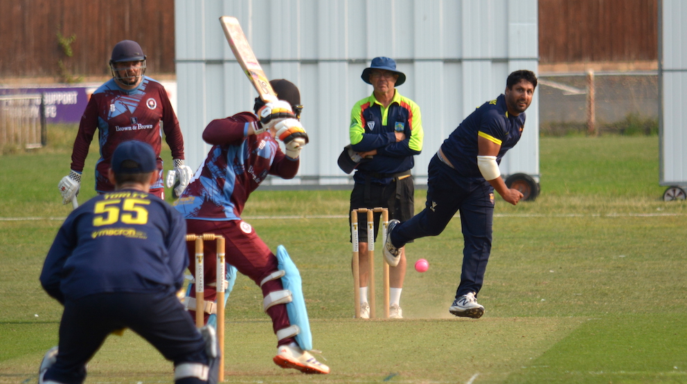 Josh Thompson takes aim at the bowling of Plympton captain Harry Kandampully