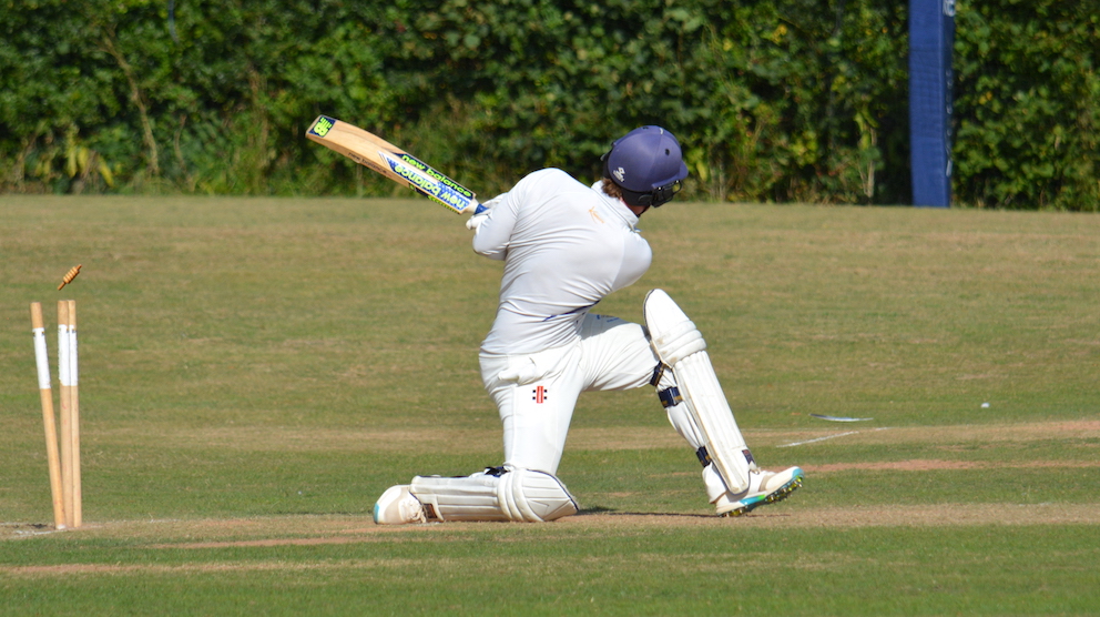 Time to go for Bideford's James Hayter  bowled by Ipplepen's Warrick Green
