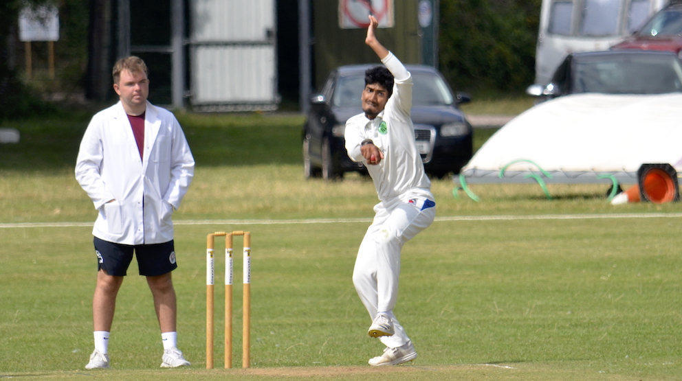 Joel Kopparambil spinning away for Ivybridge 2nd XI against Torquay & Kingskerswell 