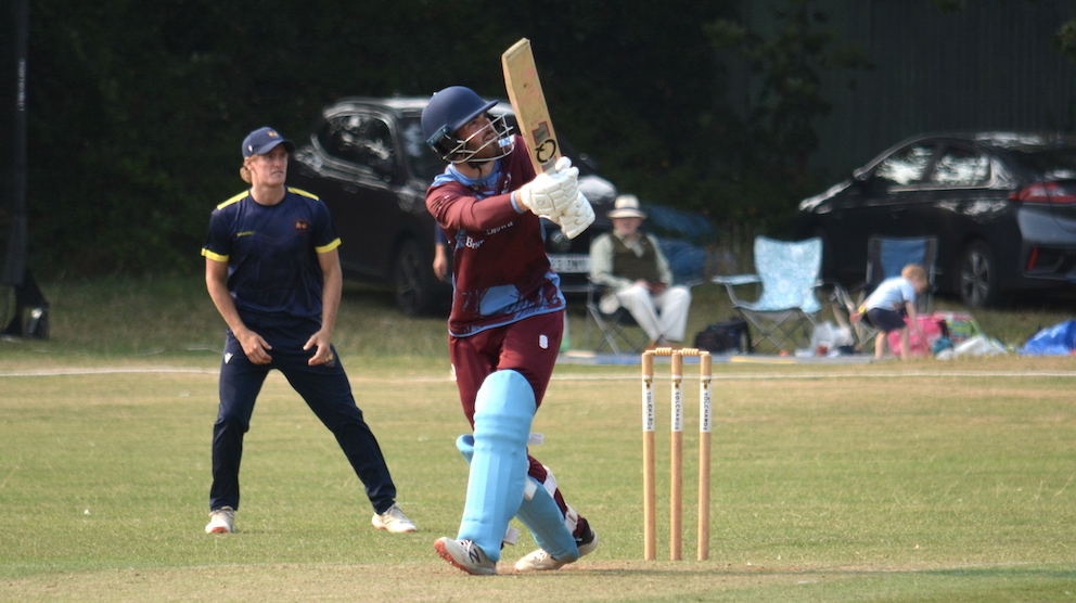 Desination Duckpond! Josh Thompson smashes the Plympton bowling for six into the neighbouring duck pond on nearby Kings Drive