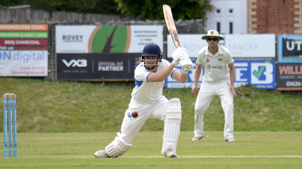 Luke Medlock on the way to 98 for the Devon Lions against Bovey Tracey earlier this summer