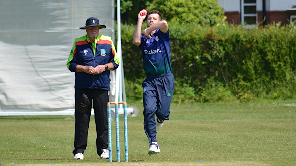 Bridestowe & Belstone skipper Tallan Burns operating with the new ball against Bovey Tracey