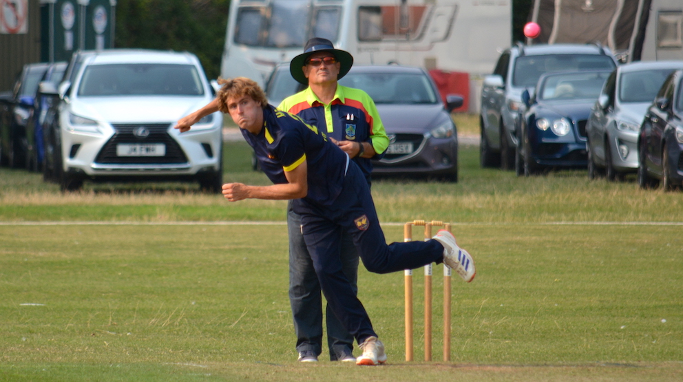 Plympton spin bowler Elliot Hamilton doing his best to contain the Torquay & Kingskerswell onslaught as they raced to a seven-wicket win