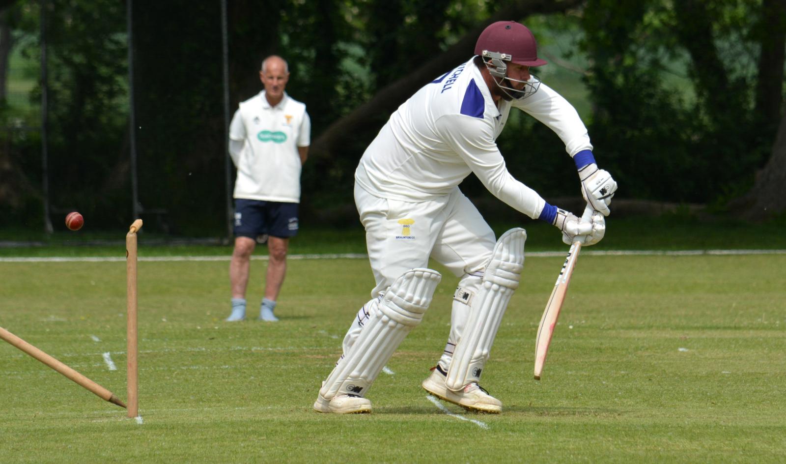 Timber! It's the end of the line for Braunton's Callum Mitchell: bowled by CSG's Ted Brown