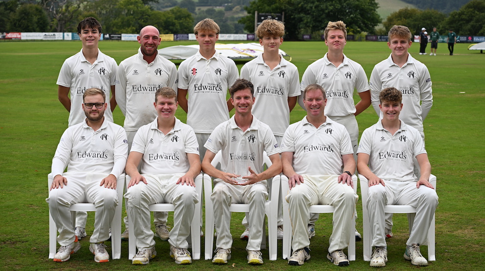 The title-winning Heathcoat team. Back (left to right): Henry Cook, Lewis Hough, Dan Harrison, Jack McManus, Matt Harrison, Matt Boundy; front: Will Hall-Tomkin, Dan Pugsley (VC), Chris Salter (C), Richard Pugsley, James Pugsley 