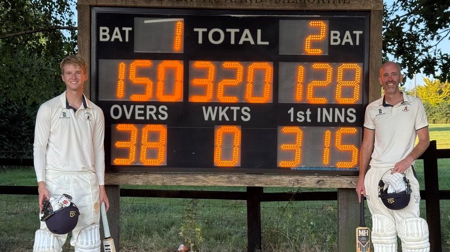 Chardstock batters Ed Pyman (left) and Martin Langford (right) in front of the scoreboard after their epic partnership<br>credit: Contributed Chardstock batters Ed Pyman (left) and Martin Langford (right) in front of the scoreboard after their epic partnership<br>credit: Contributed