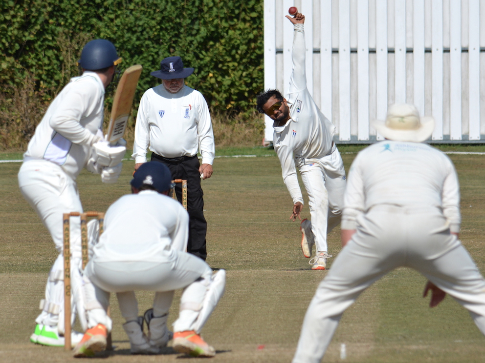 Ashburton's Aditya More bowling to Cornwood tail-ender Josiah Caunter