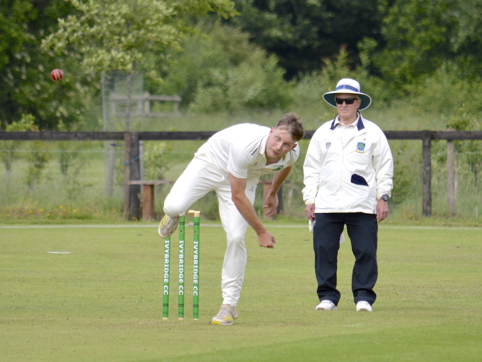 Ivybridge seamer Josh Coker operating with the new ball against Bideford