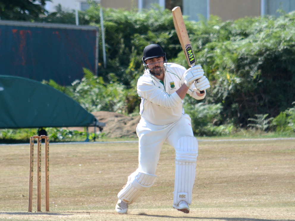 Cornwood's Jacob Caunter pauses to admire this cover drive skipping over the Ashburton outfield