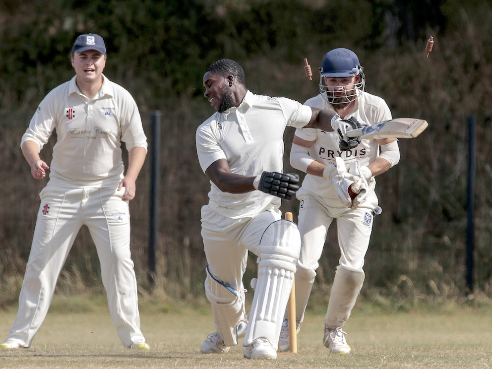 Bails fly and a Plymouth CS&R batsman is on his way in the game against Kenn