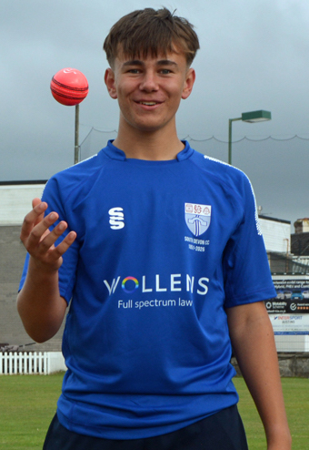 South Devon's Fynn Murphy with the match ball after his five-wicket show against Somerset