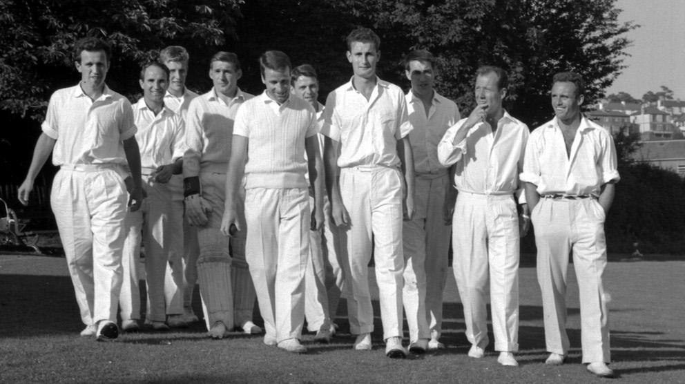 Geoff Cox (fifth from the left) and fellow Torquay United players going out to field during a game against Barton in the early 1960s