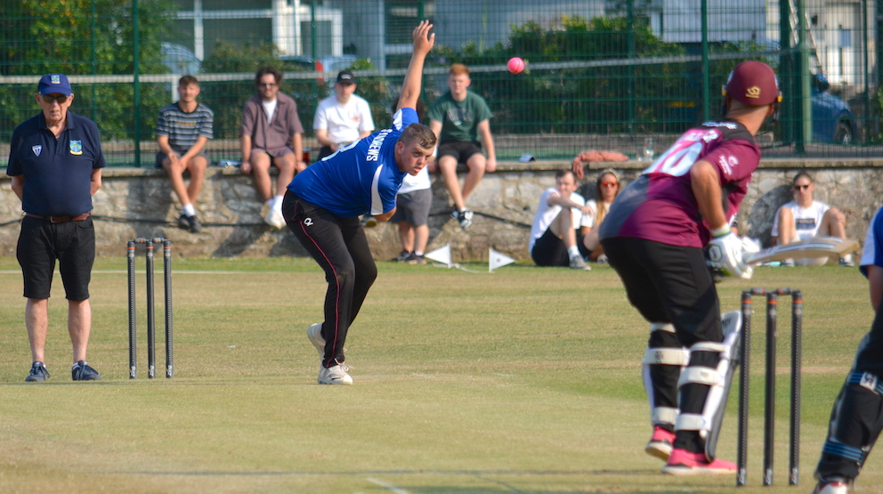Flashback to 2023! South Devon's Sean Andrews opening the bowling against Somerset's Max Waller<br>credit: Conrad Sutcliffe - no re-use without copyright owner's consent