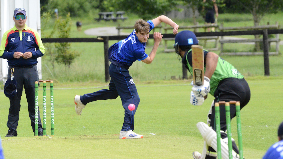 Heathcoat's Freddie Bucknell charges in with the new ball