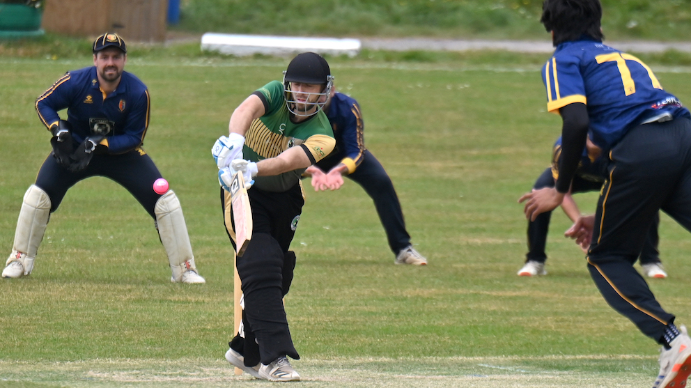 Bradninch & Kentisbeare captain Gary Chappell dealing with Tavistock seamer Ahmad Hasan<br>credit: Contributed
