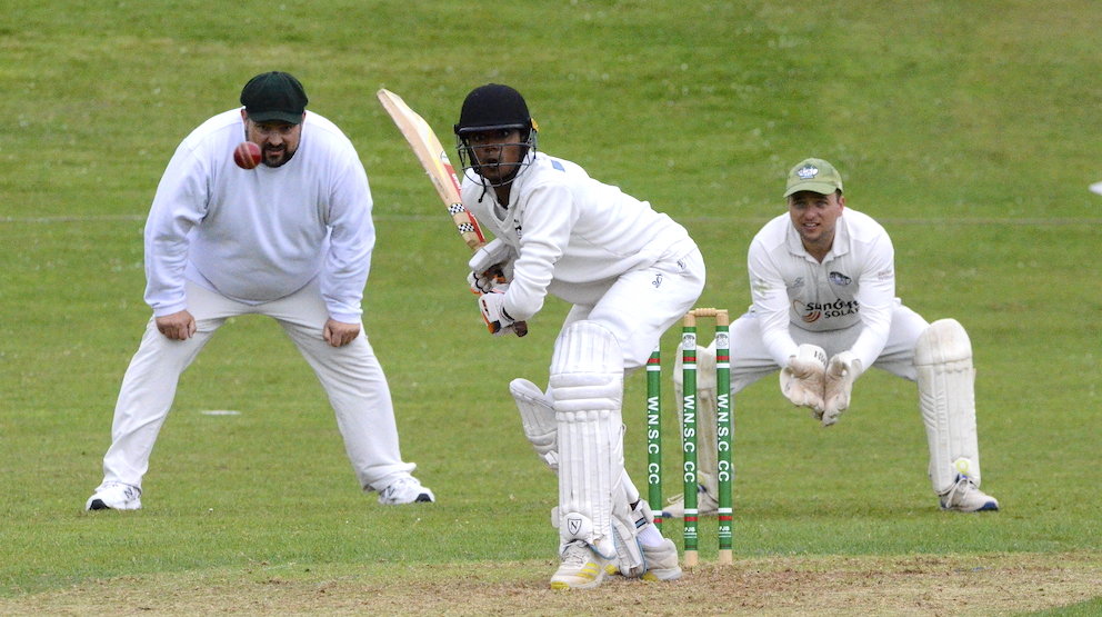 North Devon's Navindu Vanderbona takes on the Woodbury & Newton St Cyres bowling<br>credit: Conrad Sutcliffe - no re-use without copyright owner's consent North Devon's Navindu Vanderbona takes on the Woodbury & Newton St Cyres bowling<br>credit: Conrad Sutcliffe - no re-use without copyright owner's consent