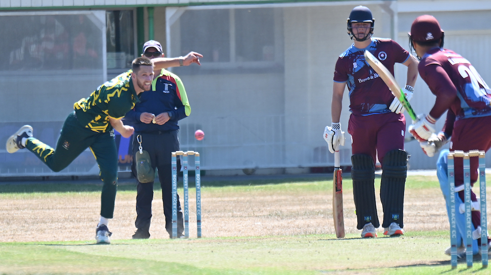 Bovey skipper Seb Ansley hurls down a delivery at T&K's Harry Baxendale
