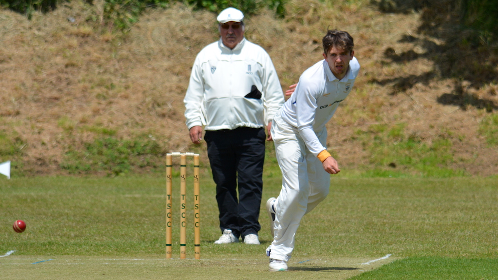 Bideford's opening bowler Steve Bond, who castled Sandford opener Rhys James with the first ball he sent down<br>credit: Conrad Sutcliffe - no re-use without copyright owner's consent