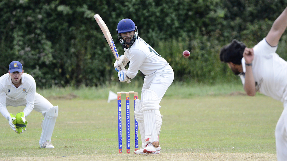 Plymouth opener Aziz Rahmamzai steps out to drive the Chudleigh bowling