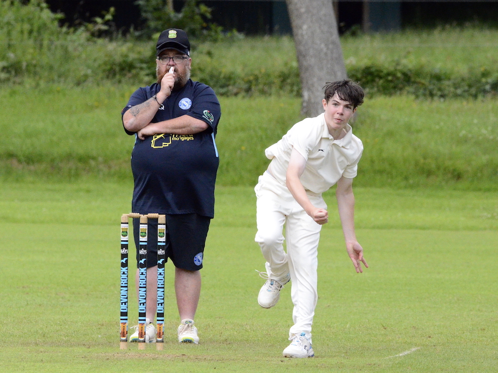 Cornwood's young leg-spinner Raff Gribble wheeling away against Babbacombe