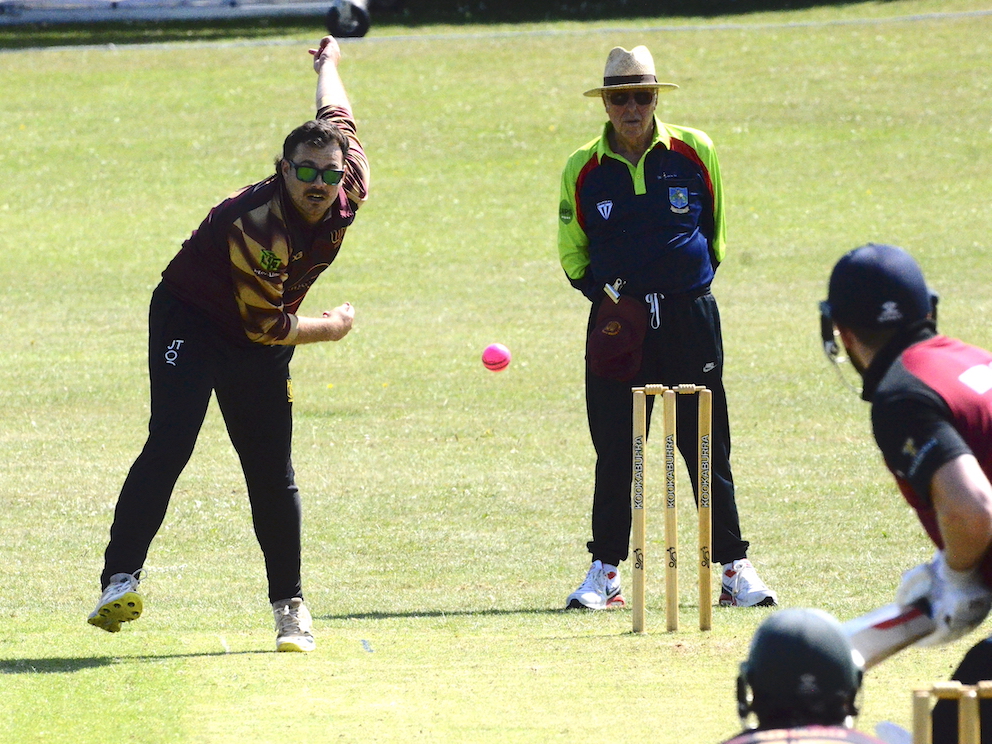 Stoke Gabriel's Jack Tolley bowling against Barton. He took three wickets in the game