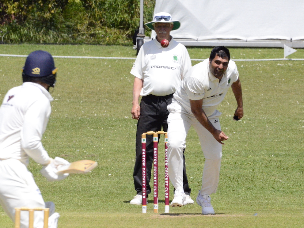 Barton's Sree Sankaranaryanan runs in to bowl against Yelverton – see D West feature match page