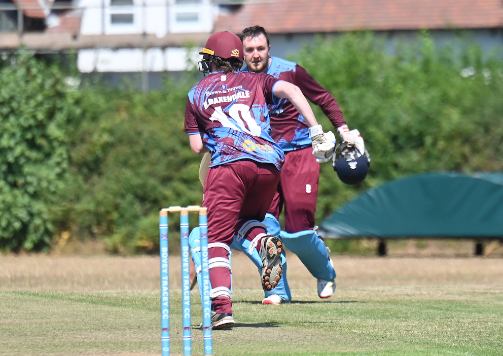 Torquay & Kingskerswell's ton-up batter Ed Smout-Cooper-Cooper (right) and Harry Baxendale scuttle through for a run