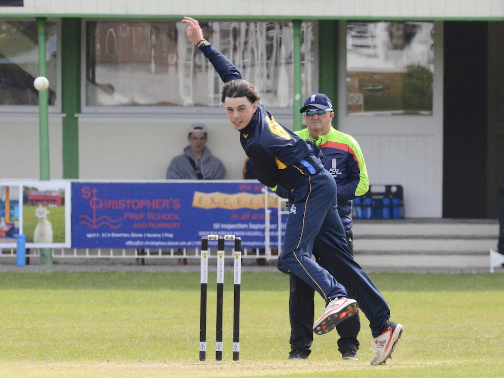Devon spin bowler Callum Harvey applying the 'squeeze' on Herefordshire