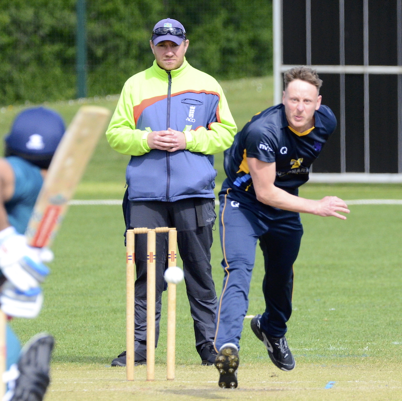 George Greenway hurls down a delivery at University opener Dylan Rawal