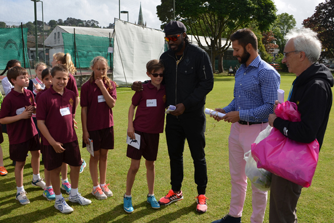Chris Gayle meeting Rydon Primary School pupils on his last visit to South Devon CC