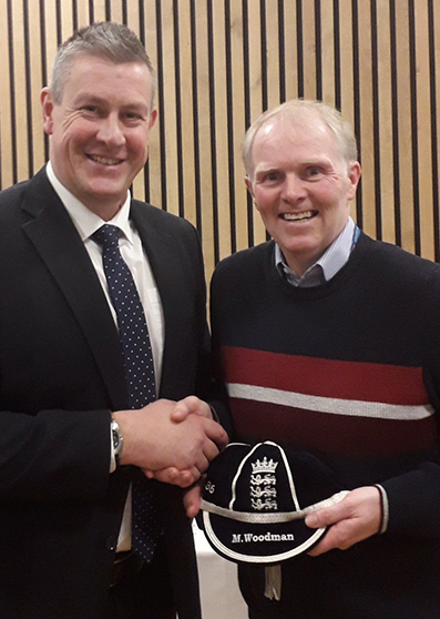 Ashley Giles (left) presenting Mark Woodman with his tasselled cap