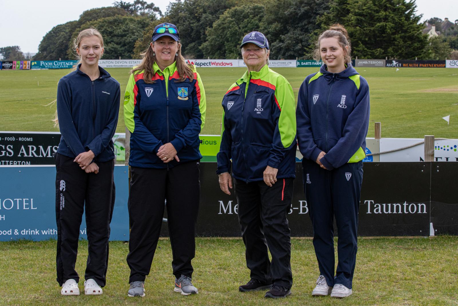 The all-female umpiring team on the day: Ava Hansell,  Emma Gibson, Marilyn MacQueen and Jemima Johnson