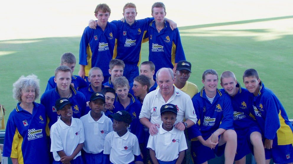 Alan Swift (front) row with the 2003 South Africa touring party handing over kit to a Township team on the boundary at Newlands cricket ground in Cape Town<br>credit: Archive Alan Swift (front) row with the 2003 South Africa touring party handing over kit to a Township team on the boundary at Newlands cricket ground in Cape Town<br>credit: Archive