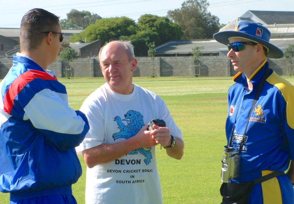 Alan Swift (centre) taking cricket before a game on the 2002 tour. On the right is fellow coach Jon Mears