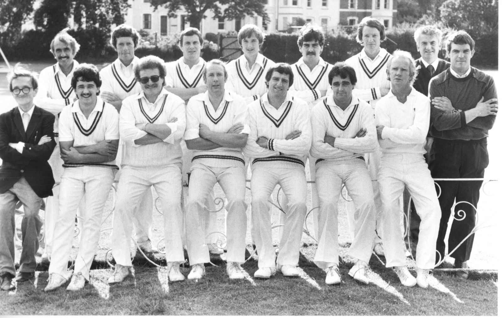 St Marychurch CC in 1982. Barry Page-Dove is fourth from the left in the front row. Next to him in glasses as Chris Walker. Robbie Lewis is third from the right