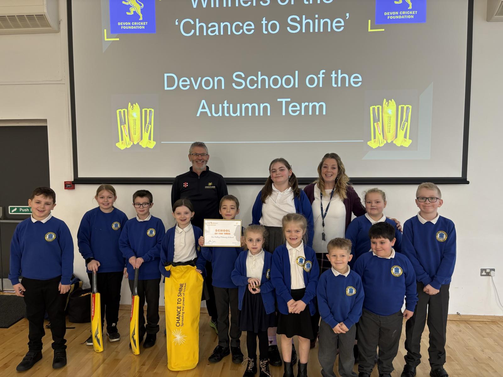 Students at Yeo Valley Primary School were presented with a certificate and Chance to Shine kit bag.
