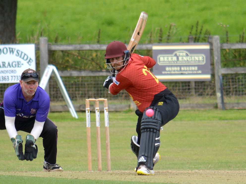 Stoke Gabriel's Jack Tolley lashes a delivery through cover during the Corinthian Cup semi-final defeat by Cullompton<br>credit: Conrad Sutcliffe - no re-use without copyright owner's consent Stoke Gabriel's Jack Tolley lashes a delivery through cover during the Corinthian Cup semi-final defeat by Cullompton<br>credit: Conrad Sutcliffe - no re-use without copyright owner's consent