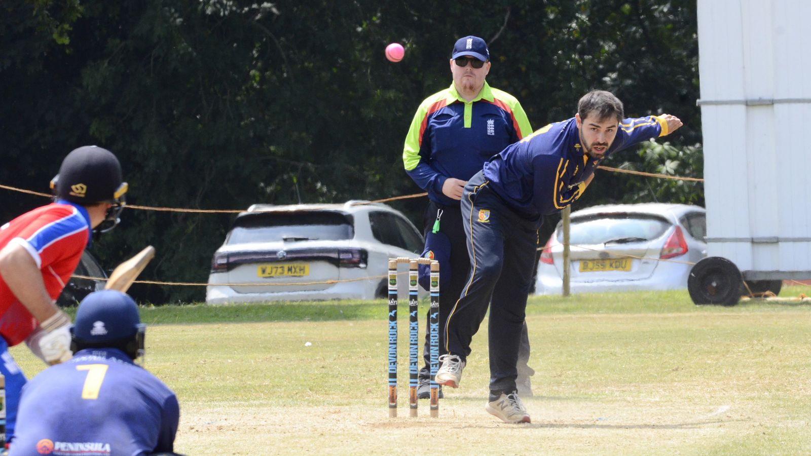 Tavistock's Billy Barriball bowling to Paignton's Carl McFarlane<br>credit: Conrad Sutcliffe - no re-use without copyright owner's consent Tavistock's Billy Barriball bowling to Paignton's Carl McFarlane<br>credit: Conrad Sutcliffe - no re-use without copyright owner's consent