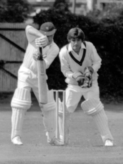Bob Staddon – wearing his Devon cap – batting for Exeter against Torquay in 1976. The keeper is Nigel Mountford
